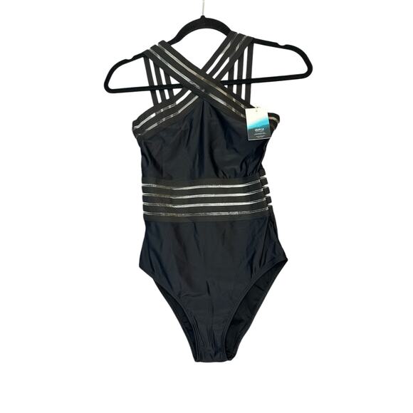aava NWT Imogen Cross Over One Piece Swimsuit Size S Black Striped Bathing Suit - Picture 2 of 5